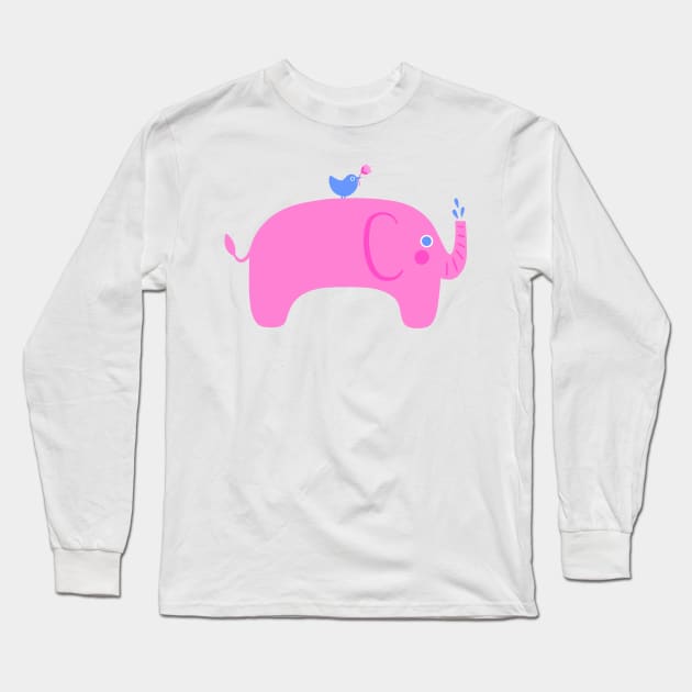 Pink Elephant & Bird Friend Long Sleeve T-Shirt by Sam Pernoski